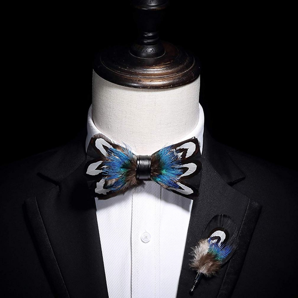 Mens Natural Feather Pre Tied Bow Tie & Lapel Pin
